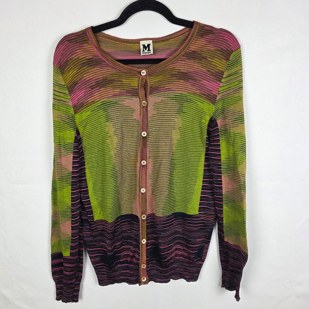 M Missoni Green Pink Space Dye Knit Button Front Cardigan Sweater
